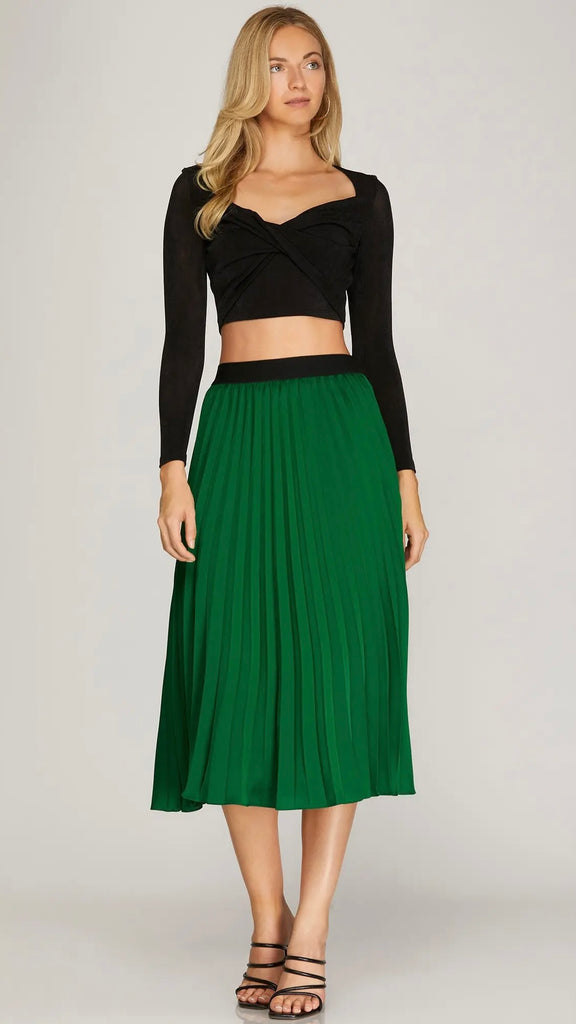 Pleated Matte Satin Midi Skirt