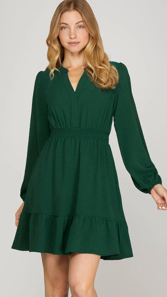 Elastic Waist Long Sleeve Ruffle Dress