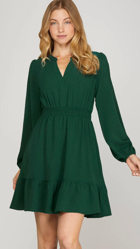 Elastic Waist Long Sleeve Ruffle Dress