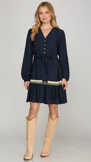 Stripe Ruffle Hem Bubble Sleeve Dress