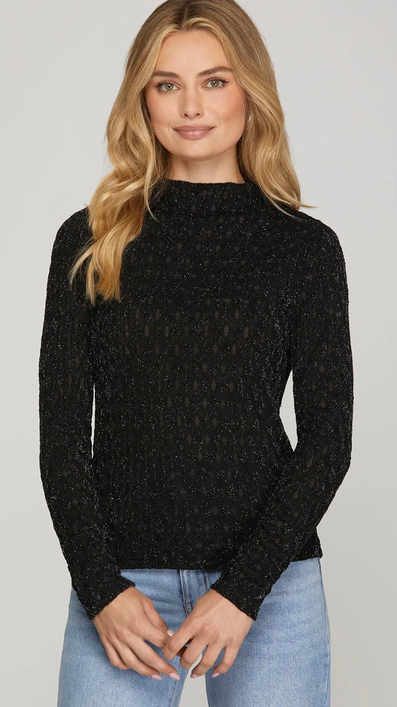 Sparkle Mesh Mock Neck Fitted Top