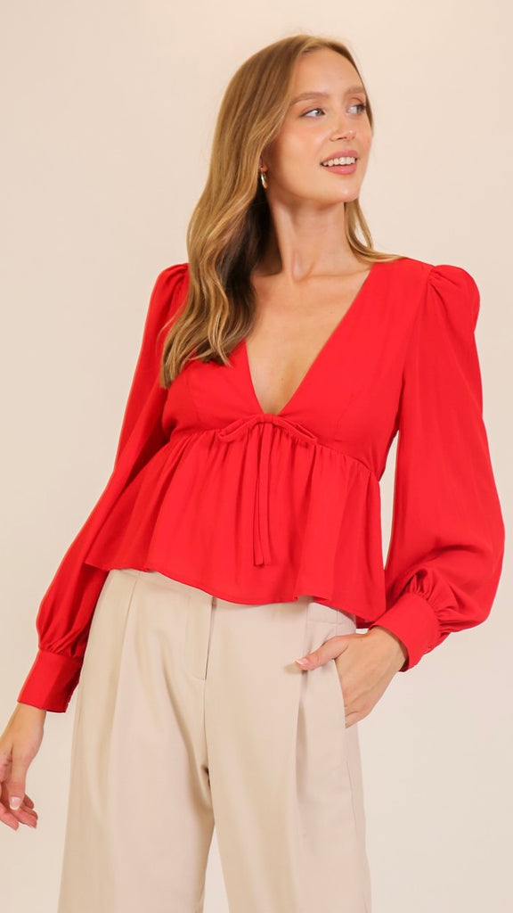 Plunge Neck Bow Peplum Top