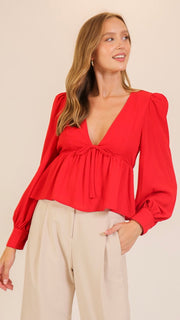 Plunge Neck Bow Peplum Top