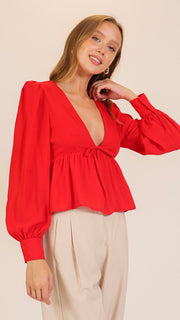 Plunge Neck Bow Peplum Top