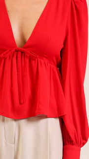 Plunge Neck Bow Peplum Top