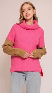 Colorblock Cowl Neck Hi-Lo Sweater