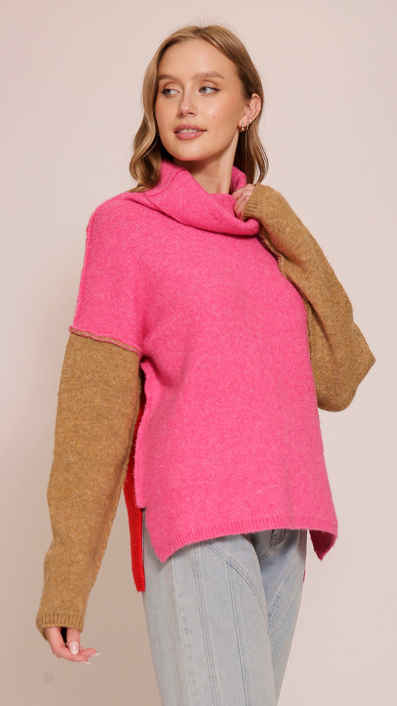 Colorblock Cowl Neck Hi-Lo Sweater