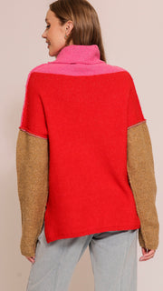 Colorblock Cowl Neck Hi-Lo Sweater