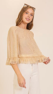 Lace Ruffle Trim 3/4 Sleeve Top
