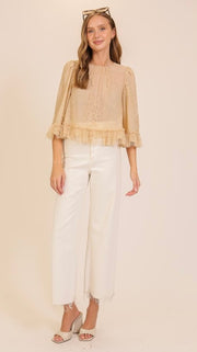 Lace Ruffle Trim 3/4 Sleeve Top