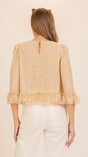 Lace Ruffle Trim 3/4 Sleeve Top