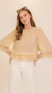 Lace Ruffle Trim 3/4 Sleeve Top