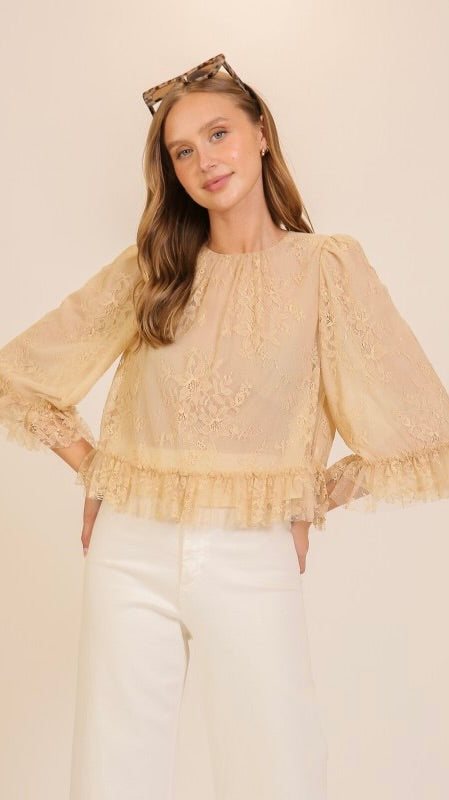 Lace Ruffle Trim 3/4 Sleeve Top