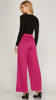 Pleat Front Satin Wide Leg Pants