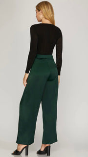 Pleat Front Satin Wide Leg Pants