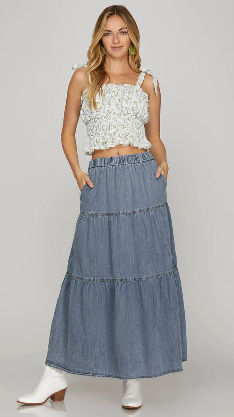 Lt Wt Tiered Denim Maxi Skirt w/Pockets