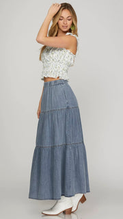 Lt Wt Tiered Denim Maxi Skirt w/Pockets