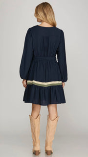 Stripe Ruffle Hem Bubble Sleeve Dress