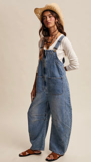 Zip Front Barrel Leg Overalls