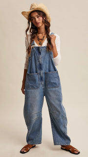 Zip Front Barrel Leg Overalls