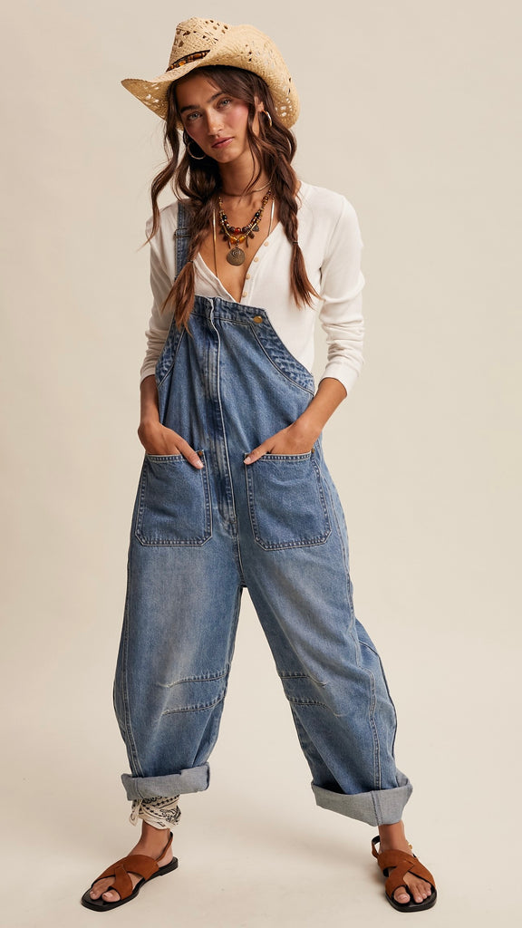 Zip Front Barrel Leg Overalls