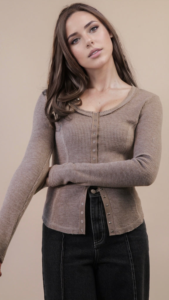 Waffle Knit Snap Front Top