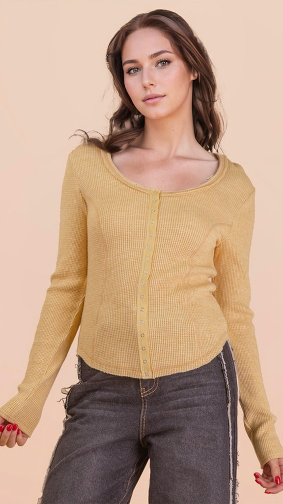 Waffle Knit Snap Front Top