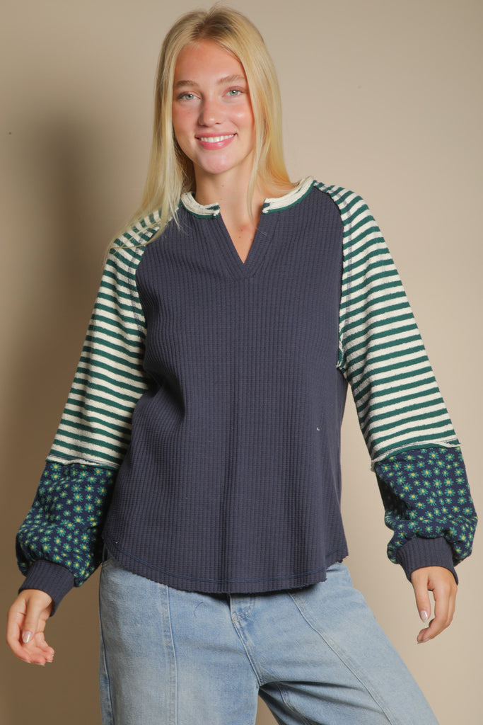 Ribbed Knit Contrast Bubble Slv Top