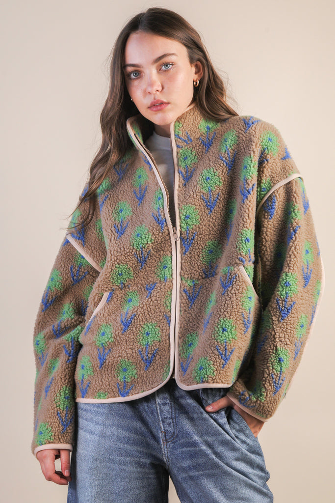 Floral Sherpa Zip Front Jacket