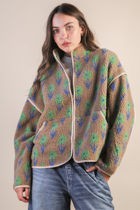 Floral Sherpa Zip Front Jacket