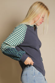 Ribbed Knit Contrast Bubble Slv Top