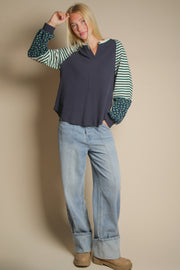 Ribbed Knit Contrast Bubble Slv Top