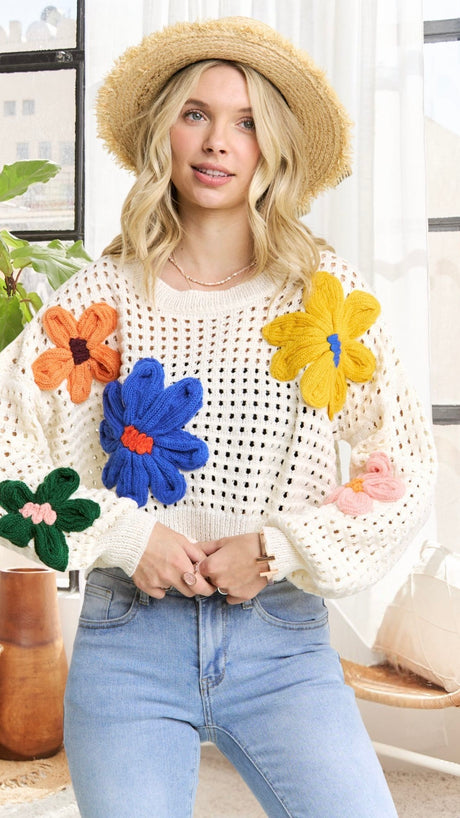Open Weave Floral Patch Sweater