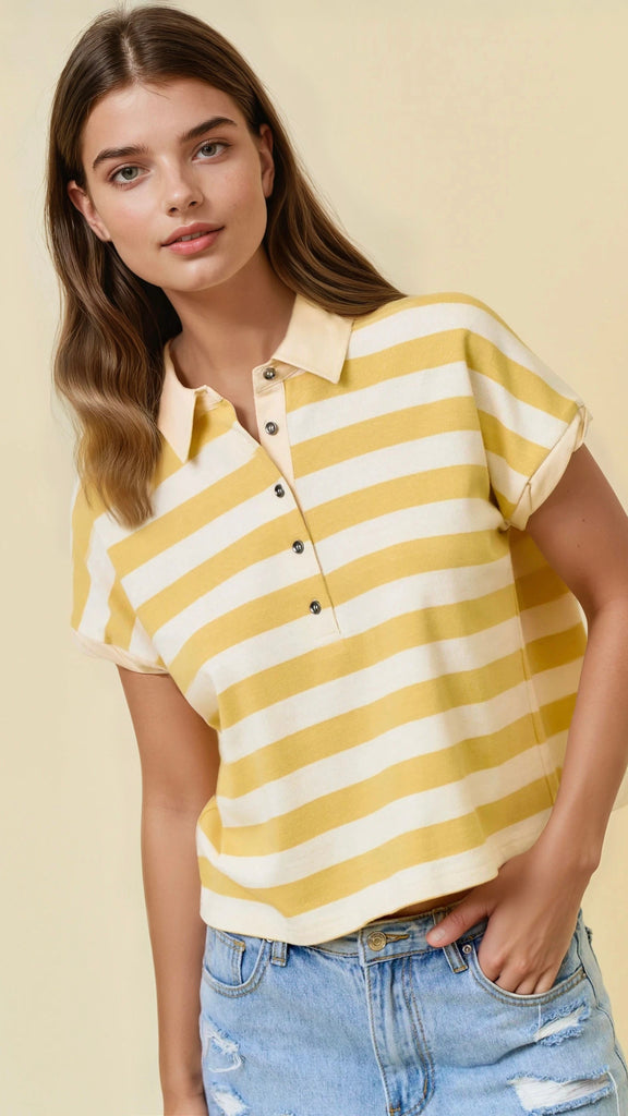 Twisted Cuff Stripe Polo Top
