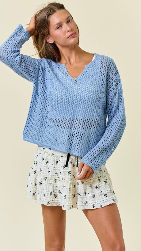 Split Neck Open Weave Sweater
