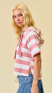 Stripe Raglan S/S Hooded Knit Top