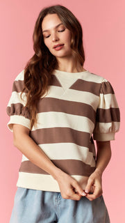 Wide Stripe Puff Slv French Terry Top