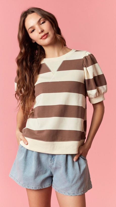 Wide Stripe Puff Slv French Terry Top
