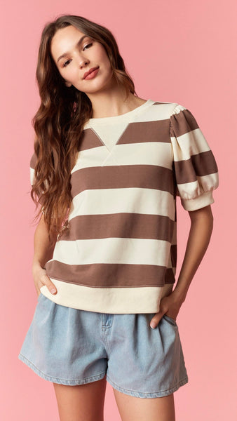 Wide Stripe Puff Slv French Terry Top