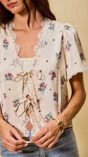 Floral + Lace Trim Satin Tie Front Top