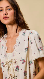 Floral + Lace Trim Satin Tie Front Top