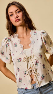 Floral + Lace Trim Satin Tie Front Top