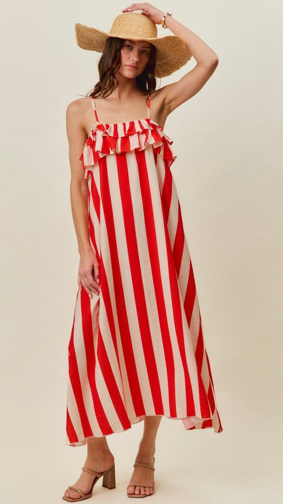 Double Ruffle Stripe Midi Dress