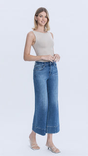 Pintuck Wide Leg Ankle Stretch Jeans