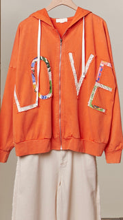 Love/Heart Patchwork Zip Up Hoodie