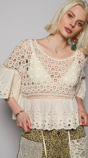 Cotton Crochet+Eyelet Half Slv Top