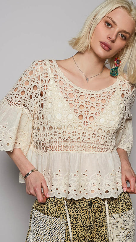 Cotton Crochet+Eyelet Half Slv Top
