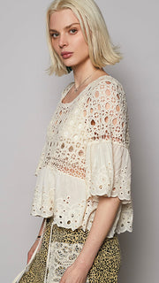 Cotton Crochet+Eyelet Half Slv Top