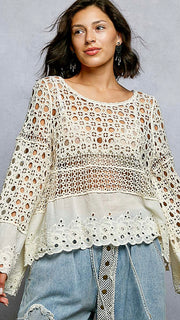 Cotton Crochet+Eyelet Long Slv Top