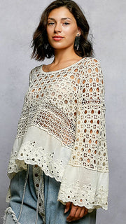 Cotton Crochet+Eyelet Long Slv Top